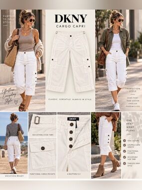 DKNY White Cargo Capri Pants Size 6 Y2K Utility Pocket Cotton